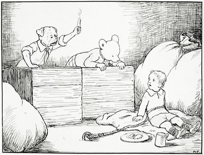 They saw a small boys upturned face gazing at them in fright, illustration from Rupert Bear Goes Hiking, pub. by Marston & Co., London, 1920s by Mary Tourtel